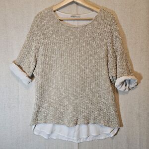 Zara W/B Collection Womens Layered Top Tan Knit Sweater Over Cream Medium *flaw*